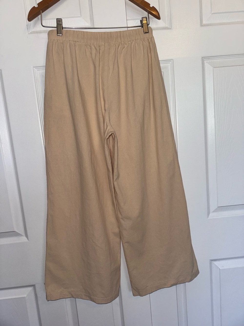 100% Linen Wide Leg Pants Neutral Beige Elastic Waist Drawstring Relaxed M - Picture 5 of 9